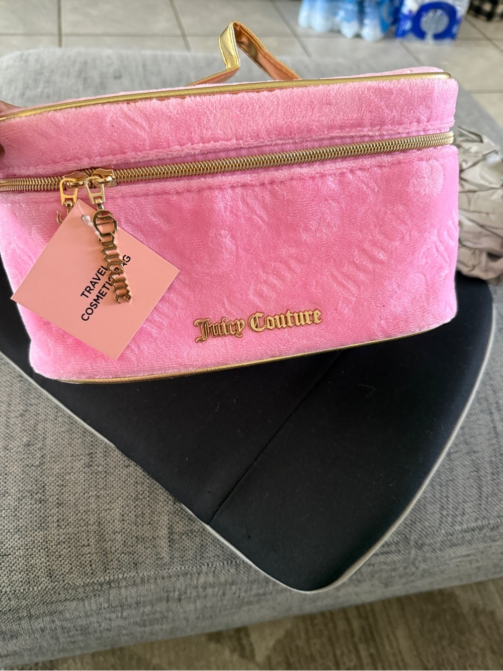 Juicy Couture Pink Plush Cosmetic Train Case with Gold Trim